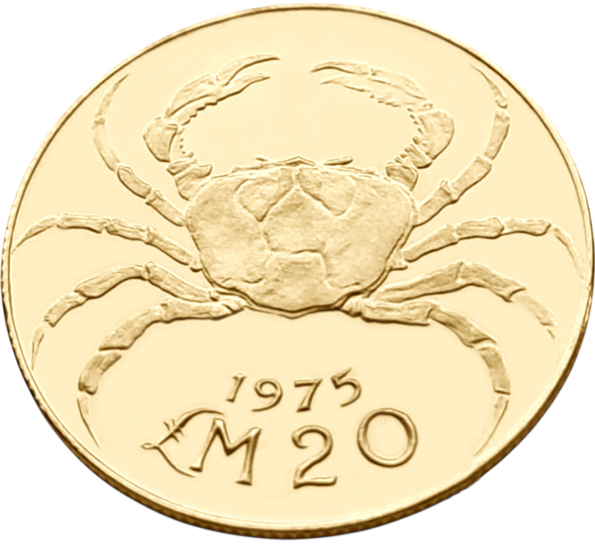 картинка Мальта. 20 Лир 1975 г. Золото. 6.0 г*0.917 0.1769 oz. от магазина Одежда+