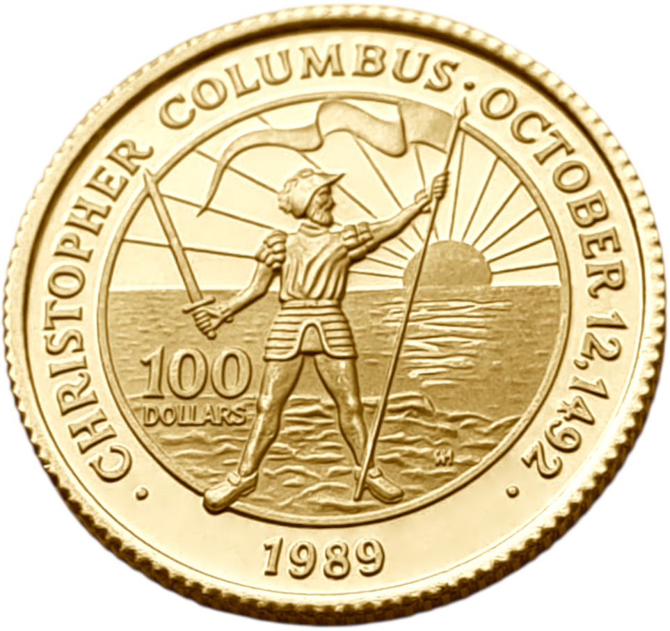 картинка Багамы. 100 Долларов 1989г. Золото. 6.48 г*0.900 0.1875 oz. Колумб! Открытие Америки! Пруф! от магазина Одежда+