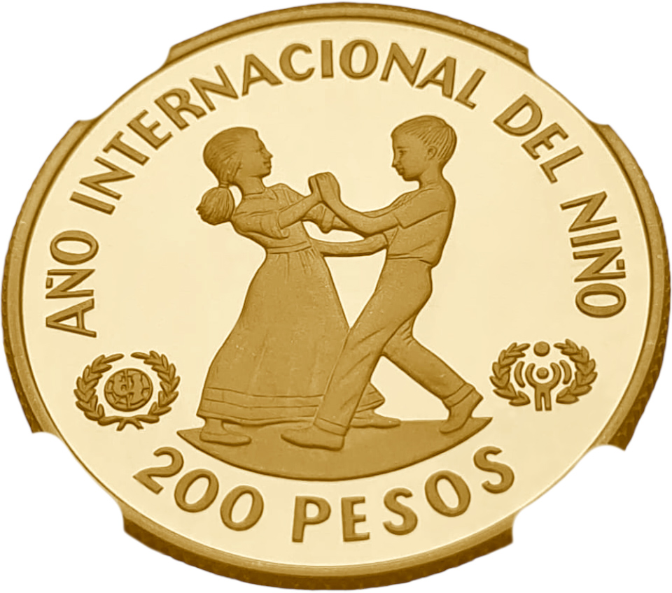 картинка Доминиканская Республика. 200 Песо 1982г. Золото 17.17 г*0.900 0.4968 oz. Год Ребенка! СЛАБ NGC PF69 ULTRA CAMEO! от магазина Одежда+