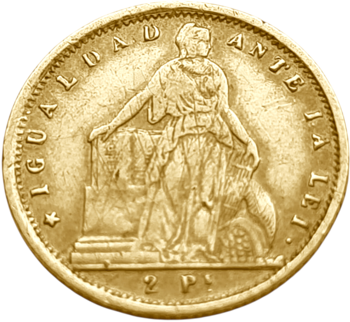 картинка Чили. 2 Песо 1857 г. Золото. 3.0506 г*0.900 0.0883 oz. от магазина Одежда+