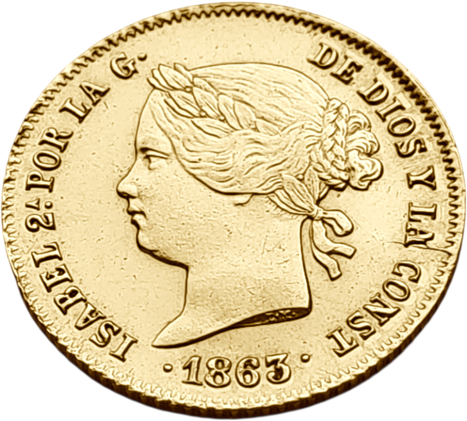 картинка Филиппины. 4 Песо 1863 г. Золото 6.7661 г*0.875 0.1903 oz. от магазина Одежда+