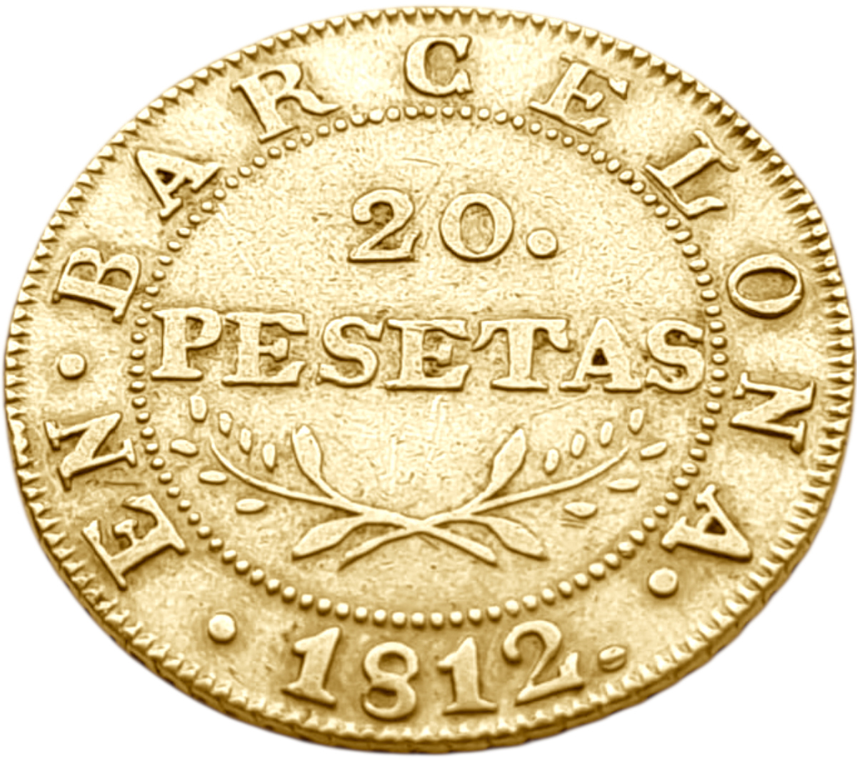 картинка Барселона. 20 Песет 1812 г. Золото. 6.64 г*0.875 0.1868 oz. от магазина Одежда+
