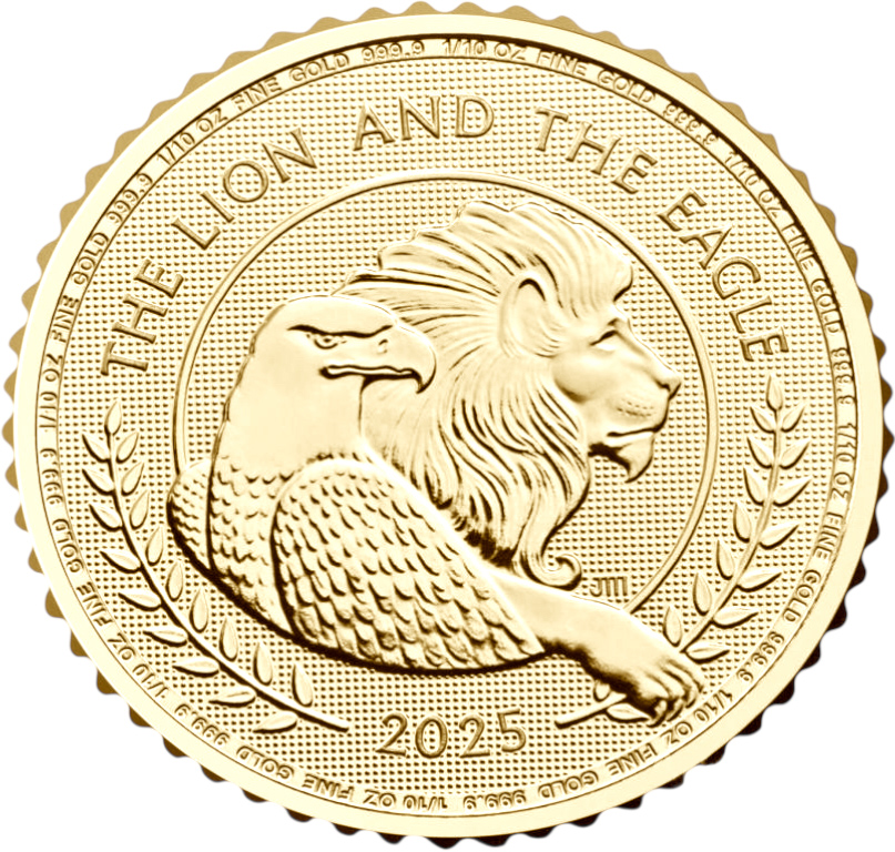 картинка Великобритания. 10 Фунтов 2025 г. Золото. 3.11 г*0.9999 0.1 oz. Лев и Орел! от магазина Одежда+