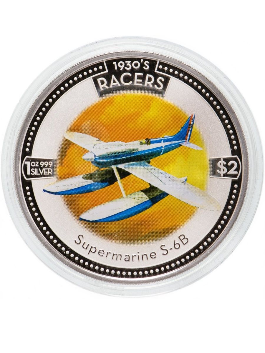 картинка 2 доллара. 2006 г. Воздушные гонки 1930-х . Самолет Supermarine S-6B. Ag 31.1 г от магазина Одежда+