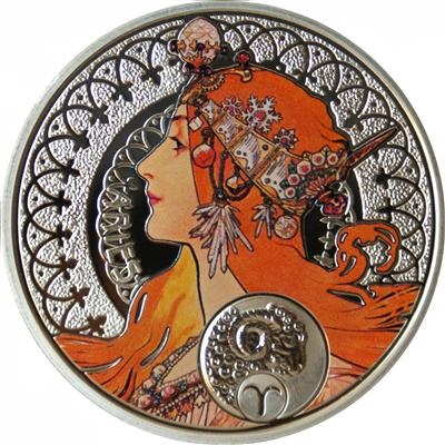 картинка 1 доллар. 2011 г. Альфонс Муха. Знаки зодиака - Овен. Ag 28.28 г. от магазина Одежда+