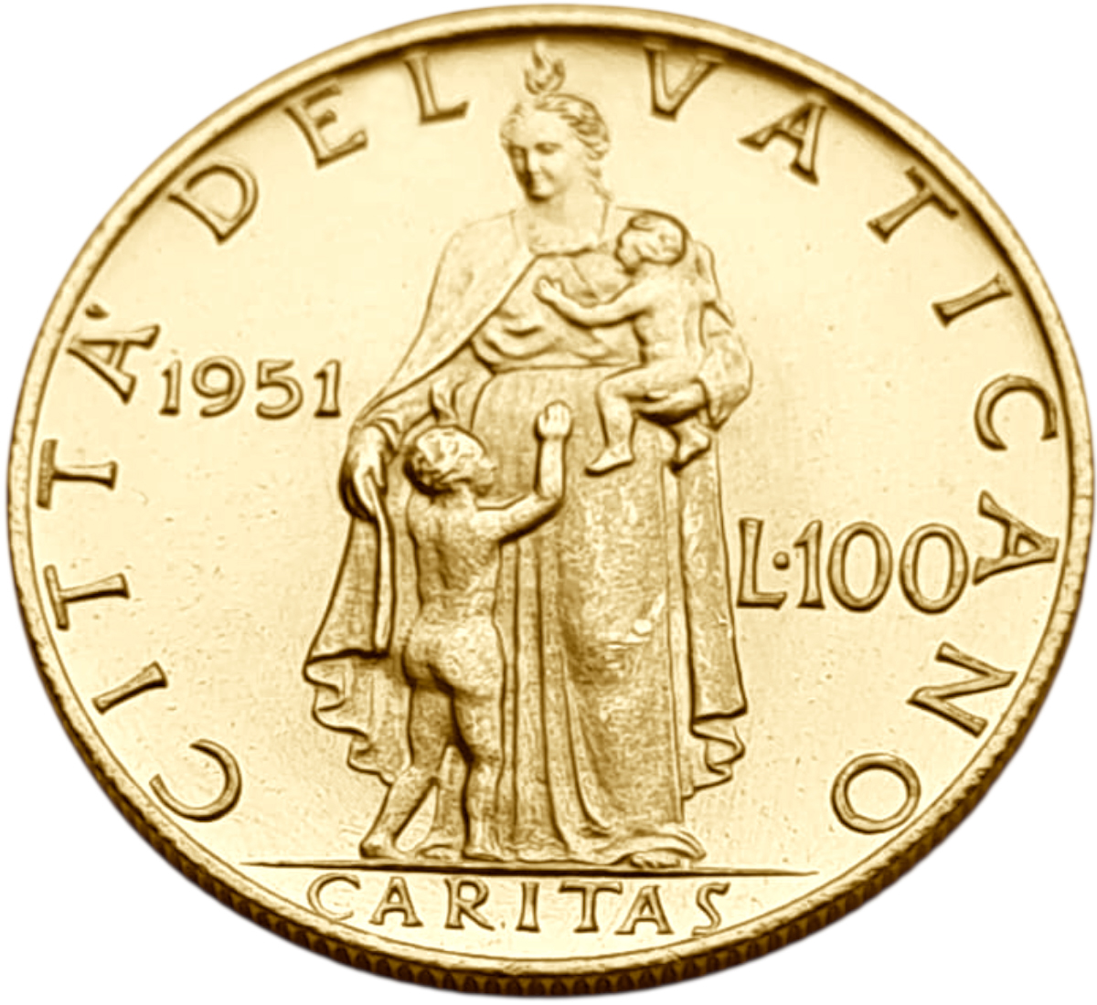 картинка Ватикан. 100 Лир 1951 г. Золото. 5.19 г*0.900 0.1502 oz. от магазина Одежда+