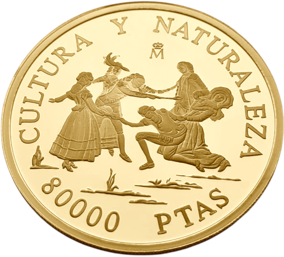 картинка Испания. 80 000 Песет 1996 г. Золото 27.0 г*0.999 0.8672 oz. Франсиско Гойя! Жмурки! Сертификат! от магазина Одежда+