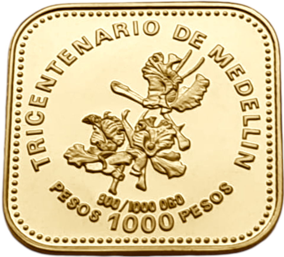 картинка Колумбия. 1000 Песо 1975 г. Золото. 4.3 г*0.900 0.1244 oz. 300-летие Медельина! от магазина Одежда+