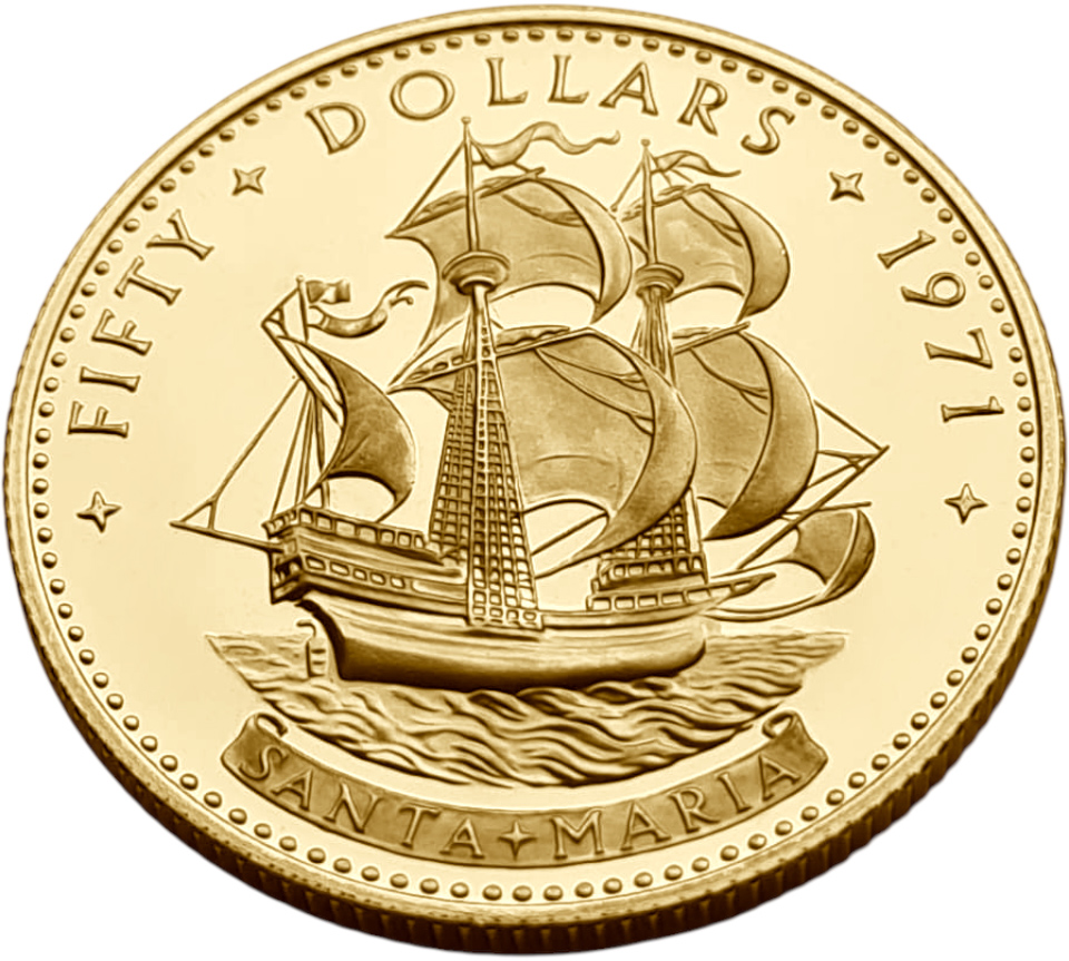 картинка Багамские Острова. 50 Долларов 1971 г. Золото. 19.97 г*0.917 0.5888 oz. от магазина Одежда+