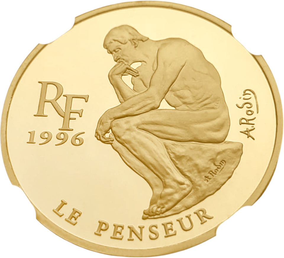 картинка Франция. 500 Франков/ 75 Евро 1996г. Золото. 31.1г*0.999 1.0 oz. Роден! Мыслитель! СЛАБ NGC PF69 ULTRA CAMEO! от магазина Одежда+