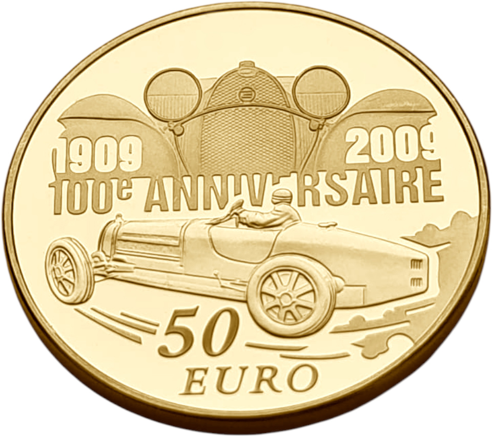 картинка Франция. 50 Евро 2009 г. Золото. 8.45 г*0.920 0.25 oz. Этторе Бугатти! ТИРАЖ 1000 ЭКЗ! от магазина Одежда+