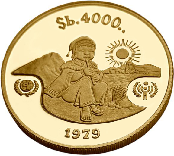 картинка Боливия. 4000 Песо 1979 г. Золото. 17.17 г*0.900 0.4968 oz. Год Ребенка! от магазина Одежда+