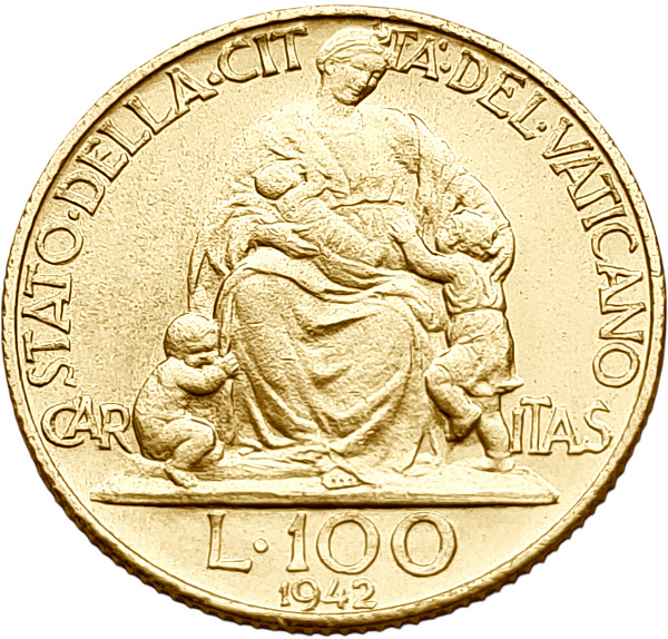 картинка Ватикан. 100 Лир 1942 г. Золото. 5.19 г*0.900 0.1502 oz. от магазина Одежда+