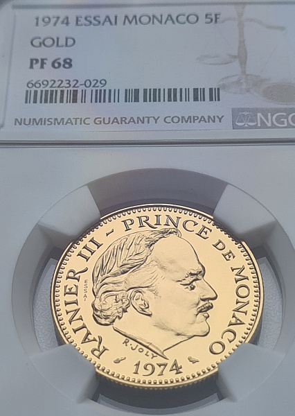 картинка Монако. 5 Франков 1974 г. Золото. 19.6 г*0.920 0.5797 oz. ESSAI. СЛАБ NGC PF 68! от магазина Одежда+ 3