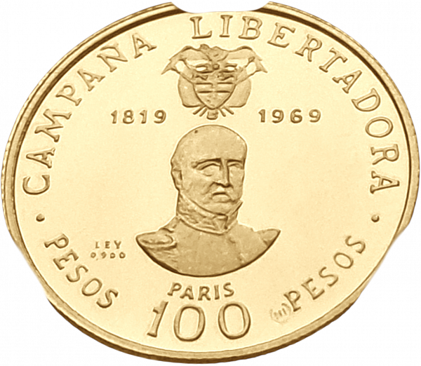 картинка Колумбия. 100 Песо 1969 г. Золото. 4.3 г*0.900 0.1244 oz. СЛАБ CPRC PF 66 ULTRA CAMEO! от магазина Одежда+