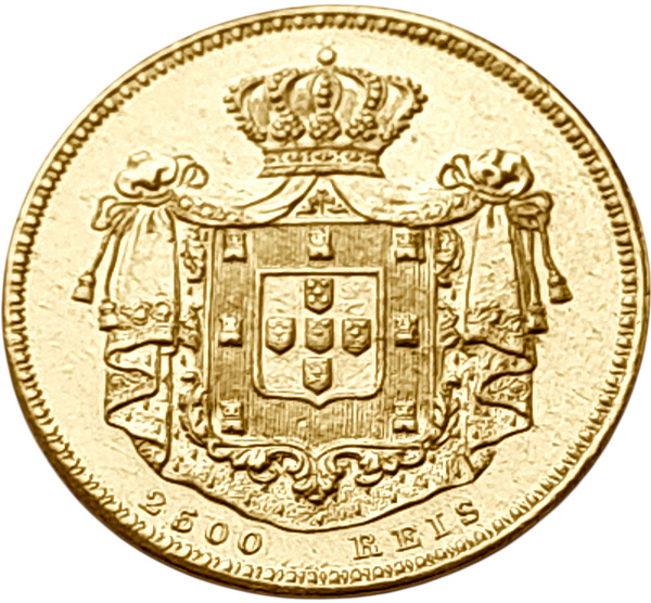 картинка Португалия. 2500 Рейс 1851 г. Золото. 4.48 г*0.917 0.1321 oz. от магазина Одежда+ 2