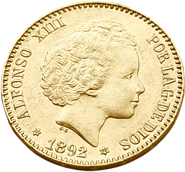 картинка Испания. 20 Песет 1892(1892) г. Золото. 6.45 г*0.900 0.1866 oz. Альфонсо XIII. Второй портрет! от магазина Одежда+