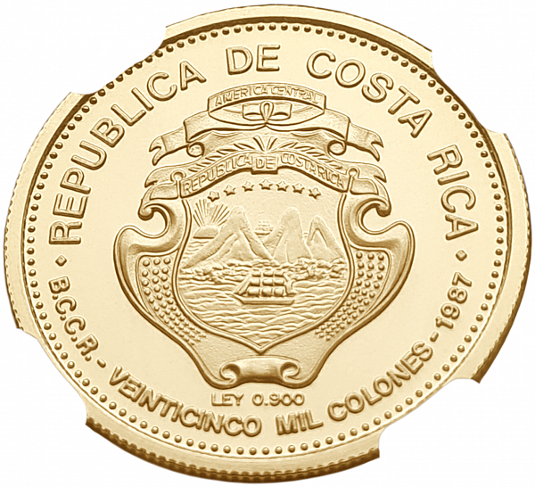 картинка Коста-Рика. 25000 Колон 1987 г. Золото. 15.0 г*0.900 0.434 oz. СЛАБ NGC PF 68 ULTRA CAMEO! от магазина Одежда+ 2