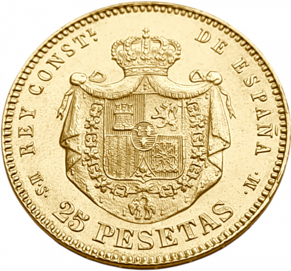 картинка Испания. 25 Песет 1880(1880) г. Золото. 8.0645 г*0.900 0.2333 oz. от магазина Одежда+ 2