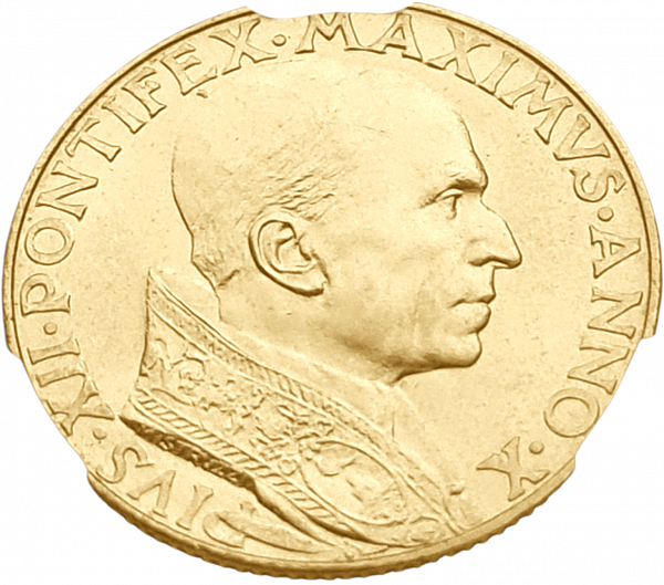 картинка Ватикан. 100 Лир 1948 г. Золото. 5.19 г*0.900 0.1502 oz. СЛАБ CPRC MS 64! от магазина Одежда+ 2