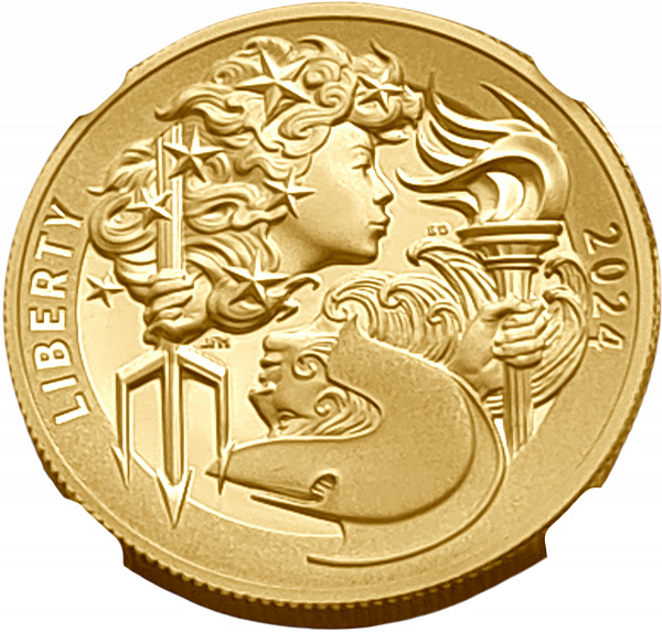 картинка США. 100 Долларов 2024г. Золото. 31.108 г*0.9999 1.0 oz. Высокий Рельеф! Свобода и Британия! СЛАБ NGC PF 70 ULTRA CAMEO! от магазина Одежда+