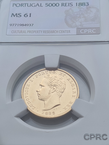 картинка Португалия. 5000 Рейс 1883 г. Золото. 8.8675 г*0.917 0.2614 oz. СЛАБ CPRC MS 61! от магазина Одежда+ 3