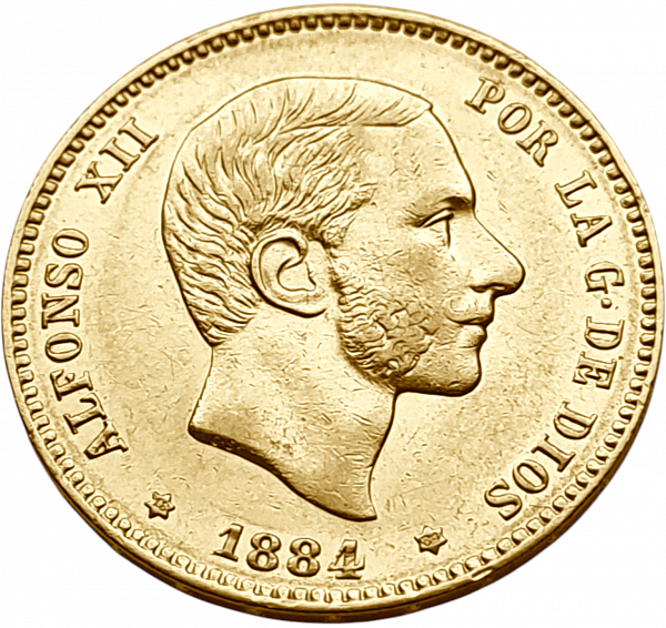 картинка Испания. 25 Песет 1884 (1884) г. Золото. 8.0645 г*0.900 0.2333 oz. от магазина Одежда+