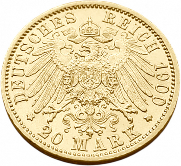 картинка Вюртемберг. 20 Марок 1900 г. Золото. 7.965 г*0.900 0.2305 oz. от магазина Одежда+ 2