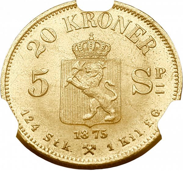 картинка Норвегия. 20 Крон/ 5 Спесидалеров 1875 г. Золото 8.9606 г*0.900 0.2593 oz. СЛАБ CPRC MS 63! от магазина Одежда+ 2