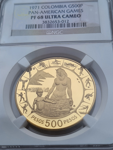 картинка Колумбия. 500 песо 1971 г. Золото. 21.5 гр*0.900 0.6221 oz. СЛАБ NGC PF68 ULTRA CAMEO! от магазина Одежда+ 3
