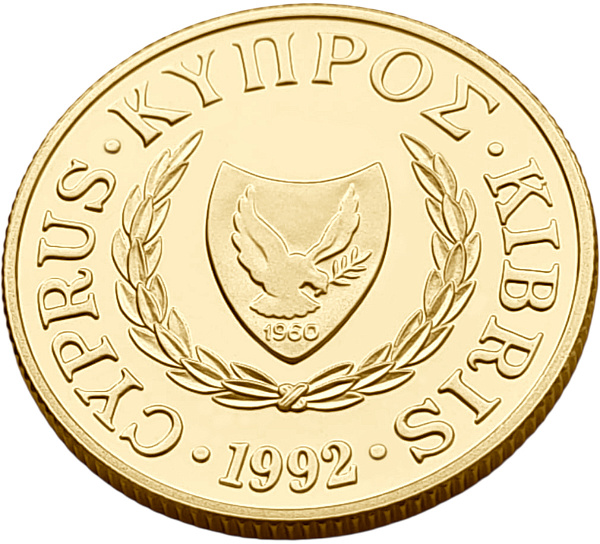 картинка Кипр. 20 Фунтов 1990 г. Золото. 7.988 г*0.917 0.2355 oz. 30-летие Республики! Сертификат! от магазина Одежда+ 2