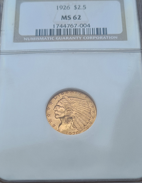 картинка США. 2 1/2 Доллара 1926 г. Золото. 4.18 г*0.900 0.121 oz. СЛАБ NGC MS 62! от магазина Одежда+ 3