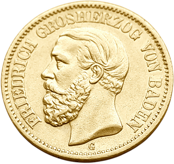 картинка Баден. 20 Марок 1872 г. Золото. 7.965 г*0.900 0.2305 oz. от магазина Одежда+