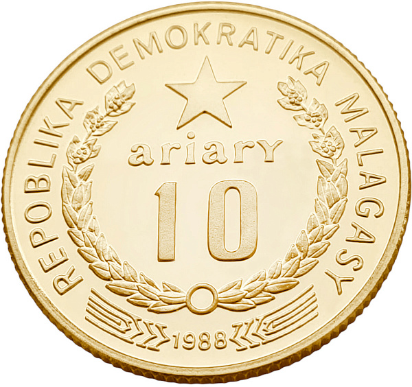 картинка Мадагаскар. 10 Ариари 1988 г. Золото. 10.0 г*0.917 0.2948 oz. ИБИС! от магазина Одежда+ 2