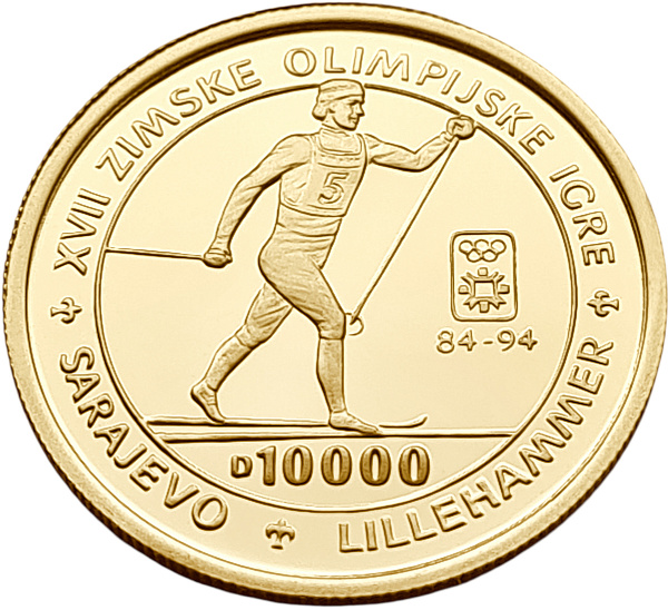 картинка Босния и Герцеговина. 10 000 Динаров 1993 г. Золото. 6.22 г*0.999 0.2 oz. Олимпиада! Лыжи! от магазина Одежда+