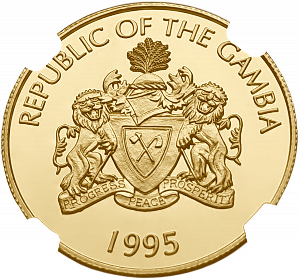 картинка Гамбия. 20 Даласи 1995г. Золото. 7.776 г*0.5833 0.1458 oz. Слон! СЛАБ NGC PF69 ULTRA CAMEO! от магазина Одежда+ 2