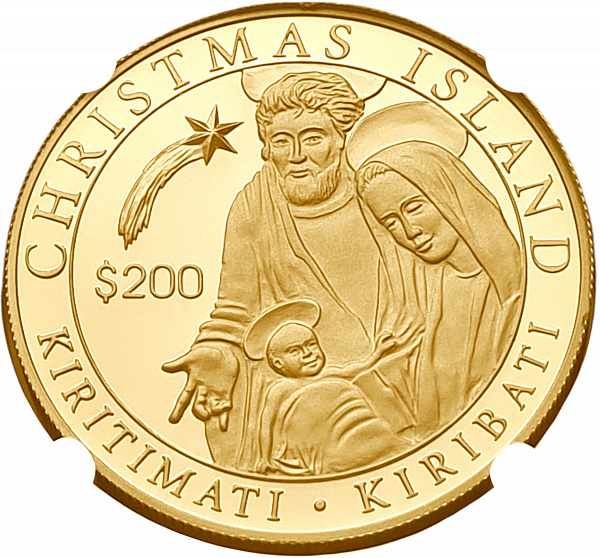 картинка Кирибати. 200 Долларов 2005г. Золото. 31.11 г*0.999 1.0 oz. Рождество! Тираж 500 ШТ! СЛАБ NGC PF69 ULTRA CAMEO! от магазина Одежда+