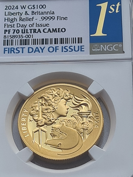 картинка США. 100 Долларов 2024г. Золото. 31.108 г*0.9999 1.0 oz. Высокий Рельеф! Свобода и Британия! СЛАБ NGC PF 70 ULTRA CAMEO! от магазина Одежда+ 3