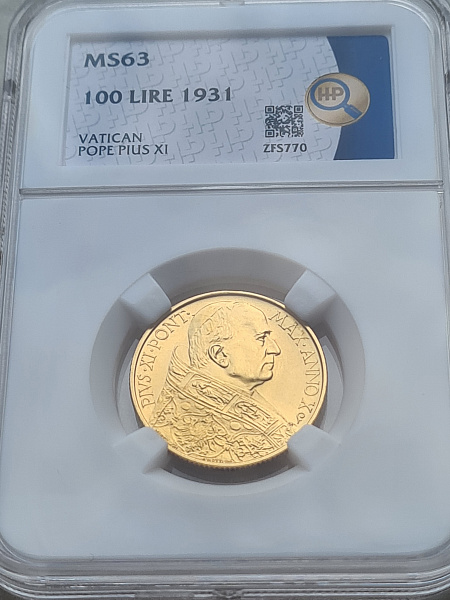картинка Ватикан. 100 Лир 1931 г. Золото. 8.8 г*0.900 0.2546 oz. СЛАБ ННР MS 63! от магазина Одежда+ 3