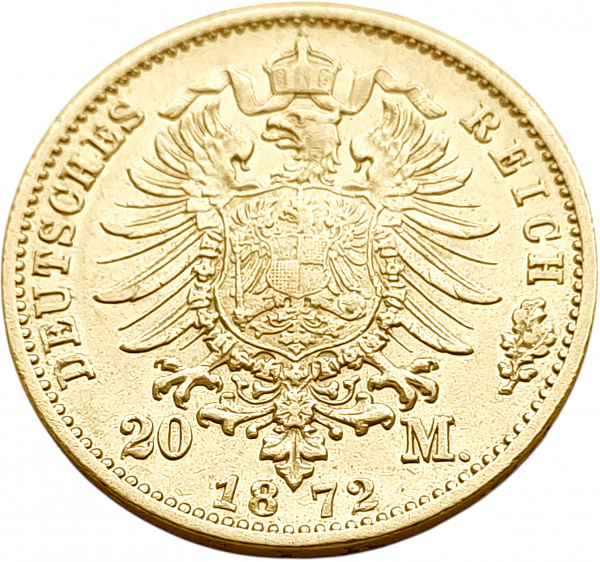картинка Баден. 20 Марок 1872 г. Золото. 7.965 г*0.900 0.2305 oz. от магазина Одежда+ 2