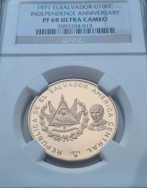 картинка Сальвадор. 100 Колон 1971 г. Золото. 11.8 г*0.900 0.3414 oz. СЛАБ NGC PF 68 ULTRA CAMEO! от магазина Одежда+ 3