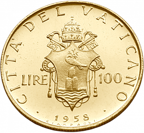 картинка Ватикан. 100 Лир 1958 г. Золото. 5.19 г*0.900 0.1502 oz. от магазина Одежда+