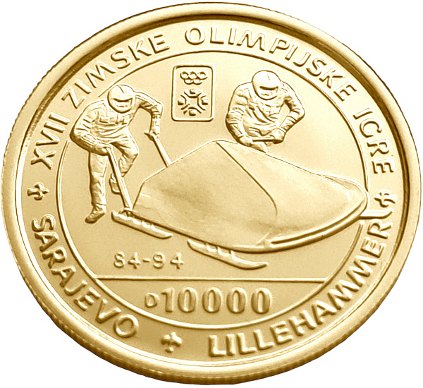 картинка Босния и Герцеговина. 10 000 Динаров 1993 г. Золото. 6.22 г*0.999 0.2 oz. Олимпиада! Бобслей! от магазина Одежда+