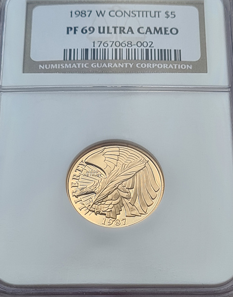 картинка США. 5 Долларов 1987 г. Золото. 8.359 г*0.900 0.2419 oz. СЛАБ NGC PF 69 ULTRA CAMEO! от магазина Одежда+ 3
