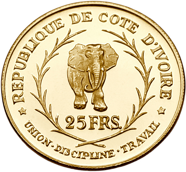 картинка Кот-д'Ивуар. 25 Франков 1966 г. Золото. 8.0 г*0.900 0.2315 oz. от магазина Одежда+ 2
