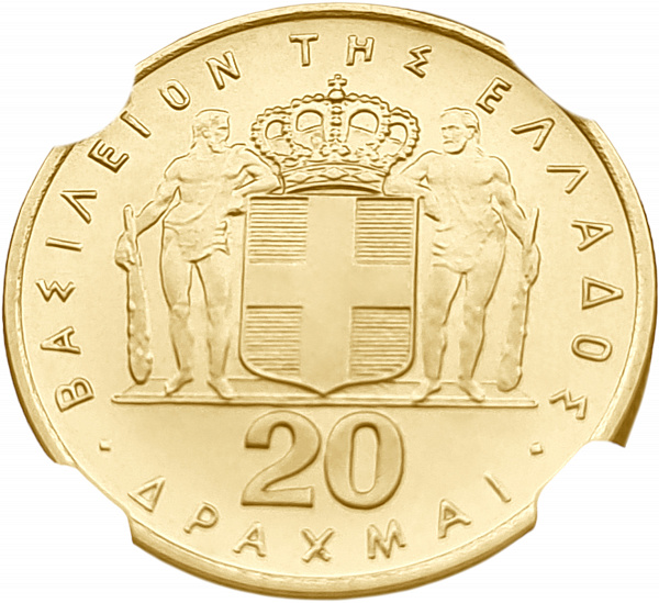 картинка Греция. 20 Драхм 1970г. Золото. 6.45 г*0.900 0.1867 oz. Черные Полковники! СЛАБ PCGS MS67! от магазина Одежда+ 2