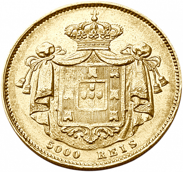 картинка Португалия. 5000 Рейс 1851 г. Золото. 8.96 г*0.917 0.2641 oz. от магазина Одежда+ 2