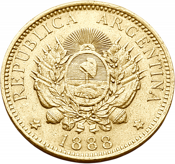 картинка Аргентина. 5 Песо 1888 г. Золото. 8.0645 г*0.900 0.2333 oz. от магазина Одежда+ 2