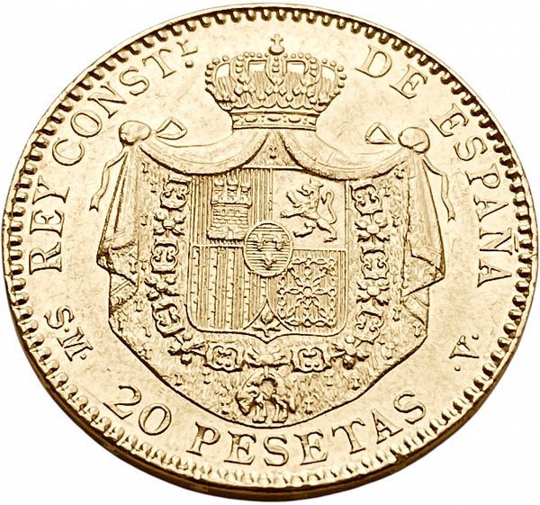 картинка Испания. 20 Песет 1899 (1899) г. Золото. 6.4516 г*0.900 0.1867 oz. от магазина Одежда+ 2