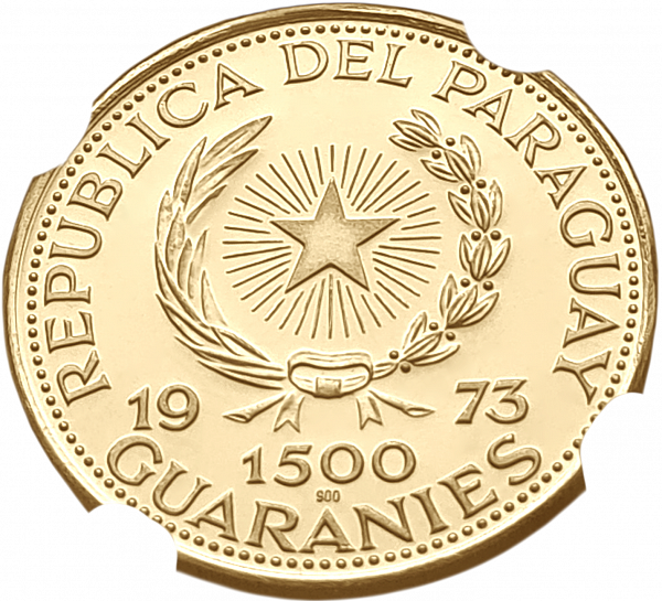картинка Парагвай. 1500 Гуарани 1973 г. Золото. 10.7 г*0.900 0.3096 oz. СЛАБ ННР PF 65! от магазина Одежда+ 2